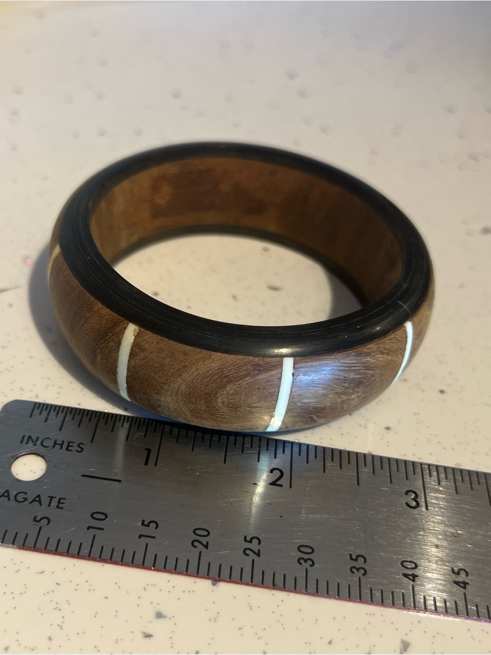 Wood and Black Resin Bangle Bracelet with White Inlay